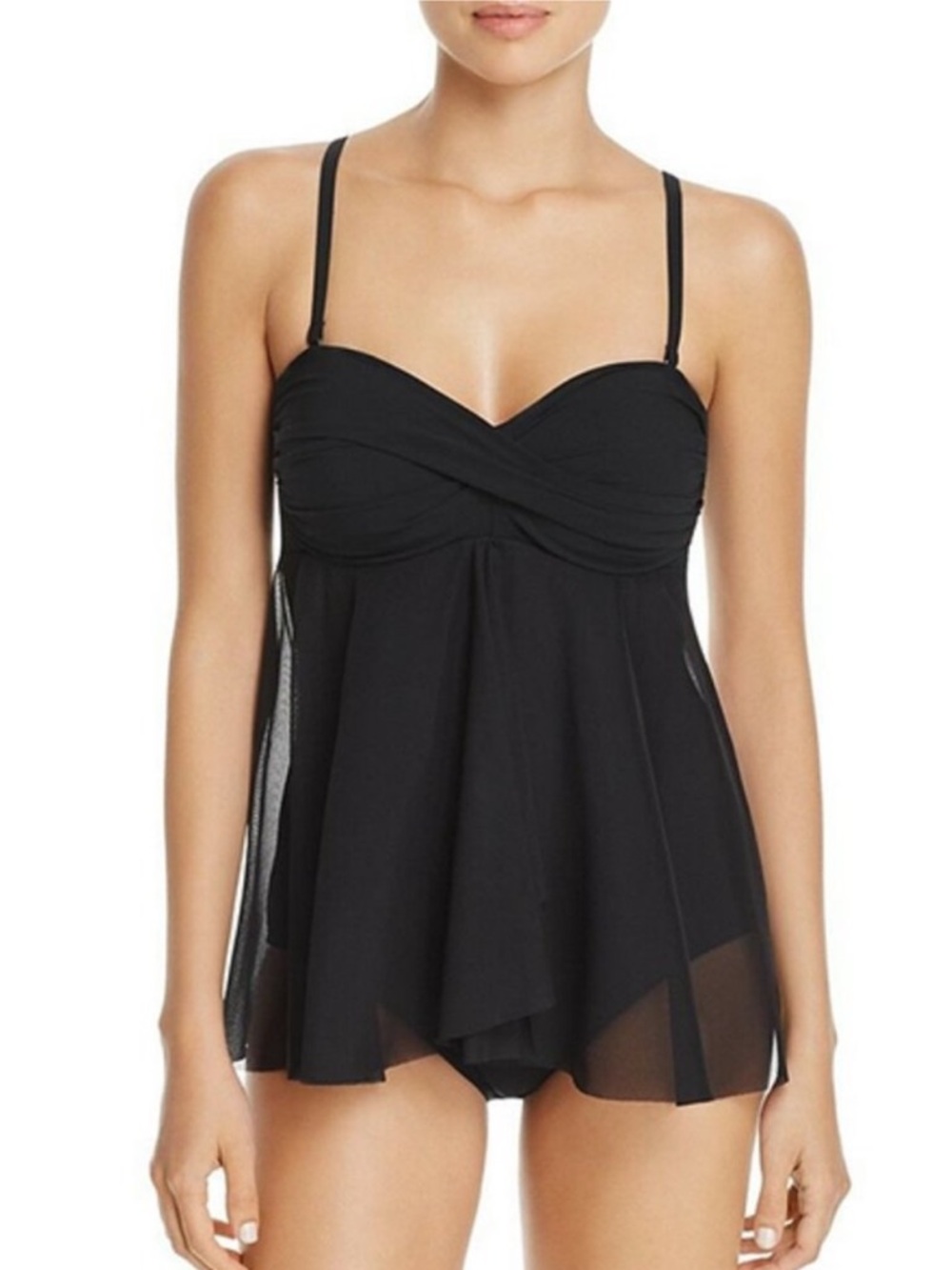 Gottex Black Profile Support One-Piece Draped Mesh Optional Strap Swim Dress